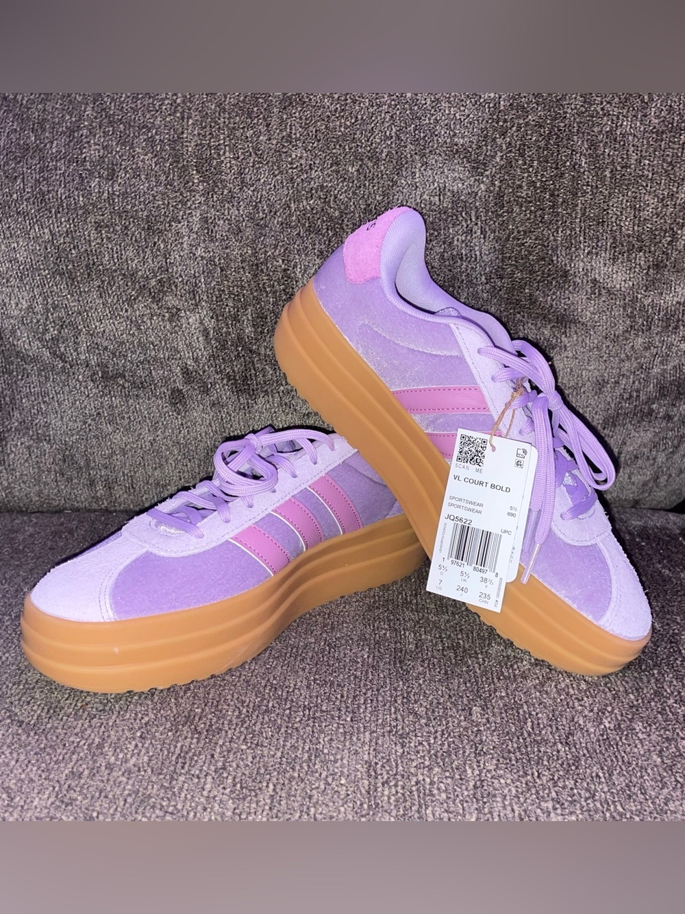 adidas VL Court Bold Platform Sneaker - Lavender with Pink Stripes and Gum Sole